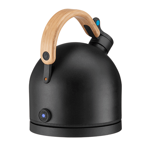 Zwarte Le Lapin design waterkoker met houten handvat, achteraanzicht op witte achtergrond
