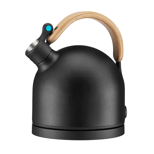 Zwarte Le Lapin design waterkoker met houten handvat, vooraanzicht op witte achtergrond